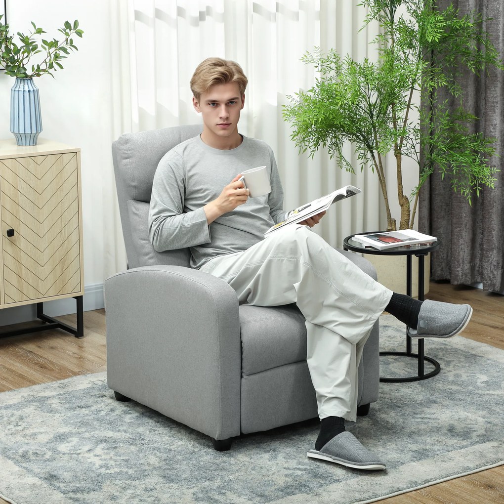 HOMCOM Fotoliu relaxant, reglabil 135°, suport extensibil pentru picioare, căptușeli, poliester de in, Gri deschis | Aosom Romania