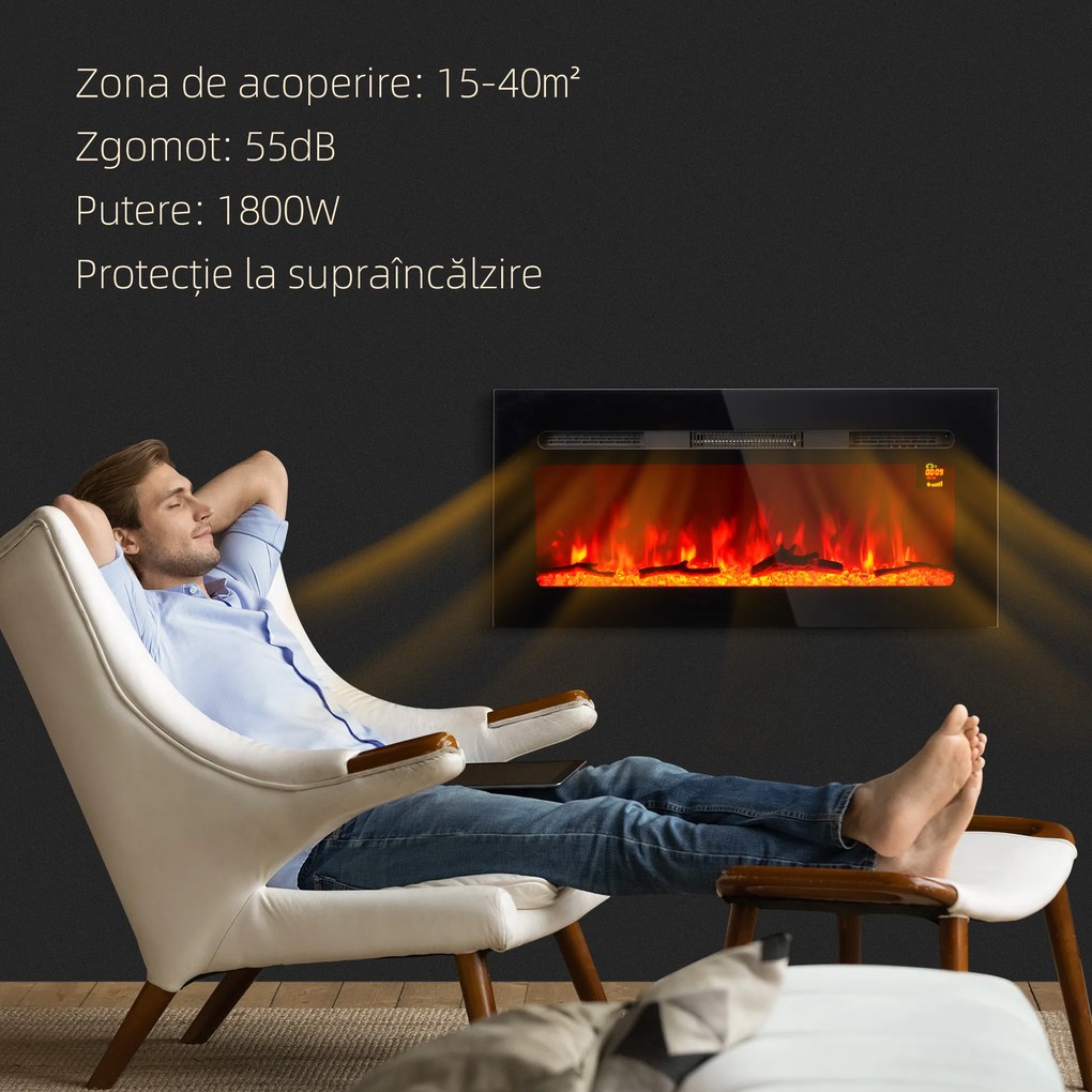 HOMCOM Șemineu Electric cu Telecomandă, Flacără și Iluminare Reglabilă din Oțel și Sticlă Călită, 91,4x15,8x45 cm, Negru | Aosom Romania