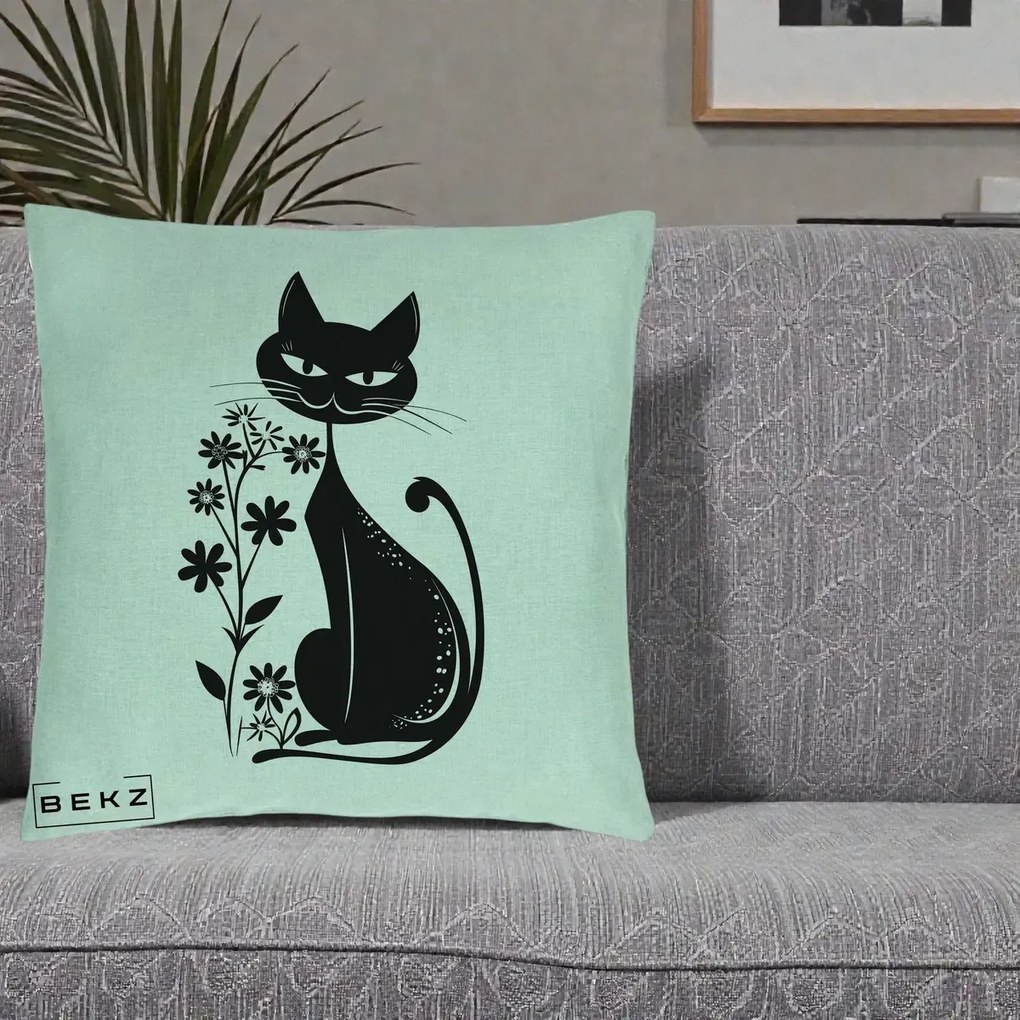 Perna Decorativa Pisica Neagra Grafica Minimalista, 40x40 cm, Verde Menta, Husa Detasabila, Perna Inclusa, BEKZ®