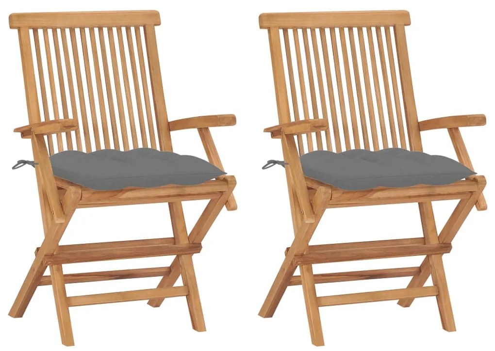 vidaXL Scaune de grădină cu perne gri, 2 buc., lemn masiv de tec