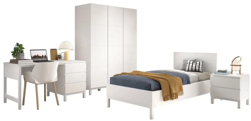 Set Complet Mobilier Cameră Copii Eva: Pat 90x200 cm, Noptieră, Dulap 3 Uși și Birou cu Sertare, Alb – Vipack