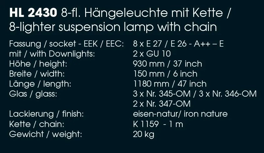 Lustra din fier forjat cu 8 surse de lumina ideala pentru iluminatul mesei, HL 2430
