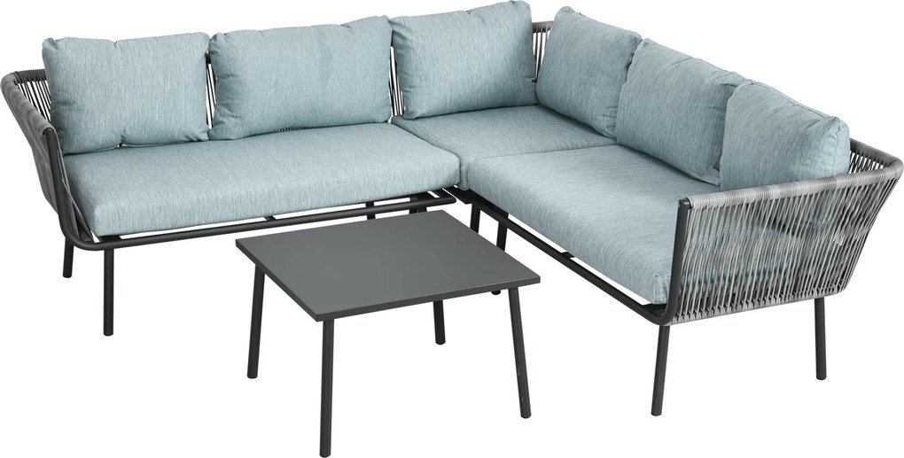 Outsunny Set de Grădină 4 Piese din Ratan și Aluminiu cu Măsuță de Cafea, 2 Canapele pe Colț și Fotoliu, Albastru | Aosom Romania