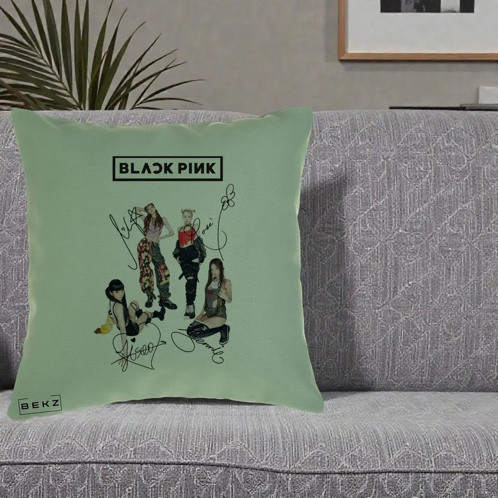 Perna Personalizata K-pop BLACKPINK Fotografie Grup Autografe Toate Membre, 40x40 cm, Verde, Husa Detasabila, Perna Inclusa, BEKZ®
