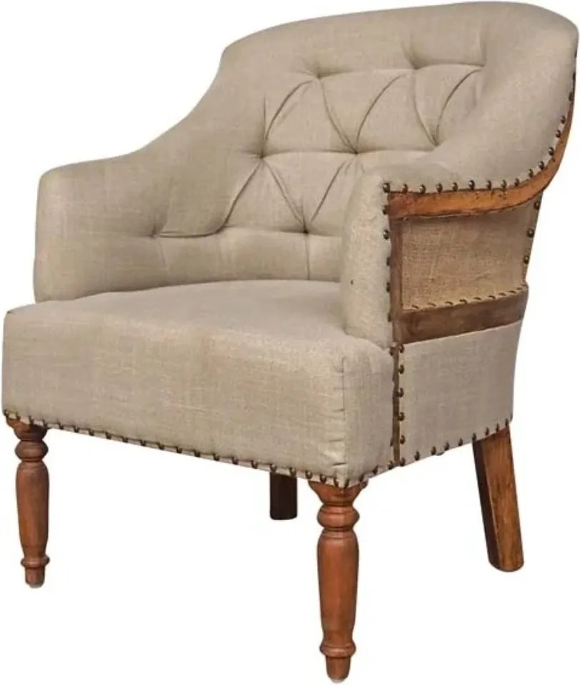 Fotoliu bej pentru living, din in, capitonat cu nasturi, cu nituri decorative și picioare strunjite din lemn de mango, 60×70×85 cm, „Valbelle”