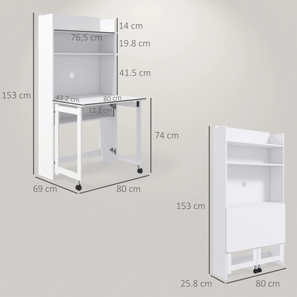 HOMCOM Birou cu Rafturi, Blat Pliabil, 2 Roți și 4 Rafturi, Birou Compact Modern cu Orificiu pentru Cabluri, Masă pentru Computer, Casă Birou Cameră de Studiu, 80x69x155 cm, Alb | Aosom Romania