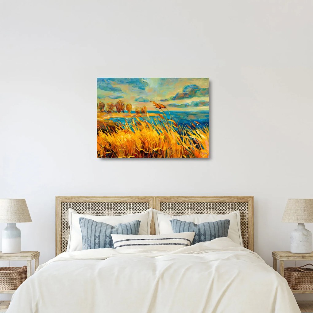 Tablou pe sticlă - Apus de soare peste lac, pictură acrilică (70x50 cm)
