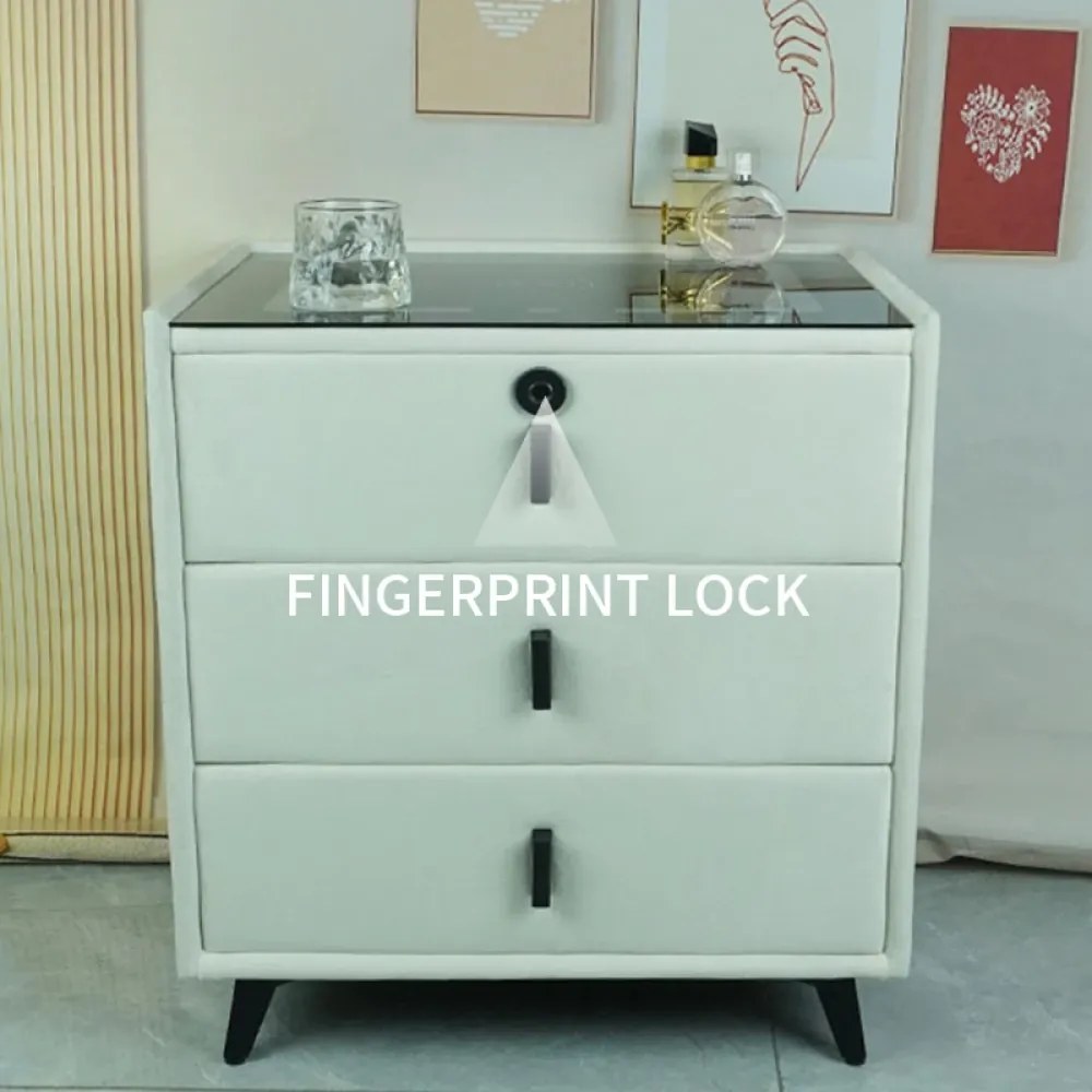 Noptieră inteligentă multifuncțională, 3 sertare, blocare cu amprentă, LED-uri tactile, 3 tipuri de culoare, încărcare fără fir, Difuzor Bluetooth, incarcare USB, sticla securizata, catifea, Bej