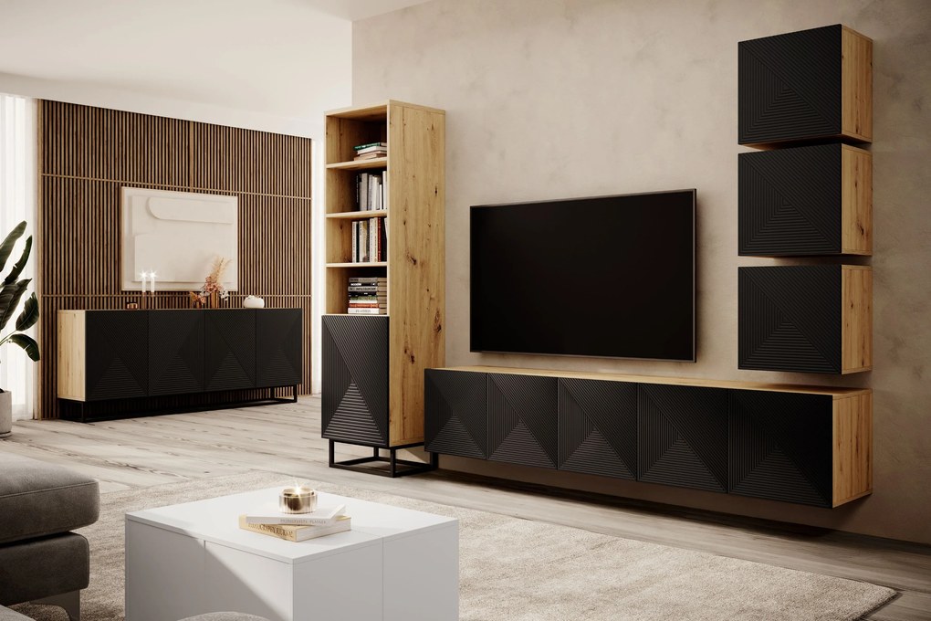 Comodă TV suspendată Asha 200 cm, partea frontală riflat – stejar artisan / negru mat