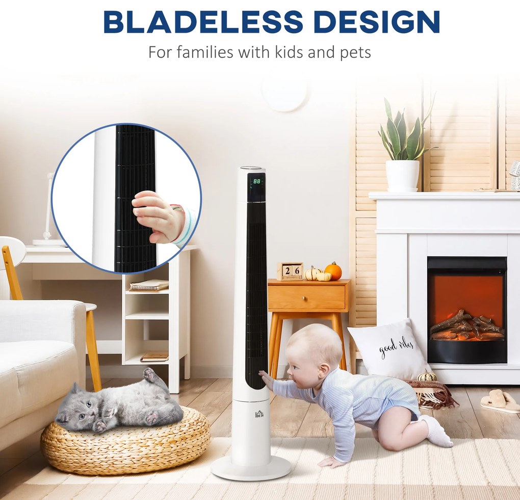 HOMCOM Ventilator Turn cu 3 Moduri și 3 Viteze cu Cronometru 12h, Ventilator de Podea ABS cu Telecomandă, Ø32x118.2 cm, Alb | Aosom Romania