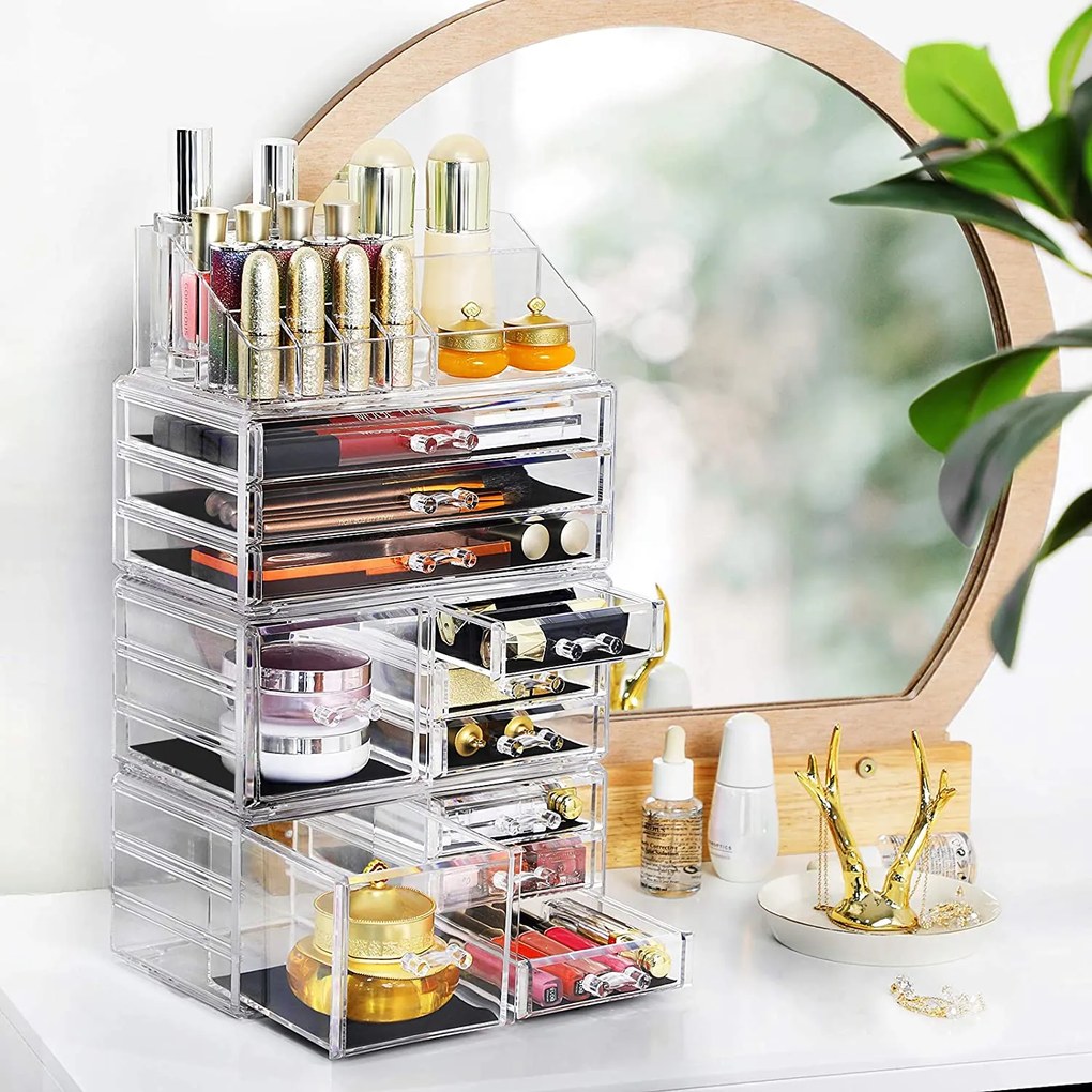 Organizator XXL cu 11 sertare şi 15 compartimente pentru make up şi cosmetică, transparent, acril