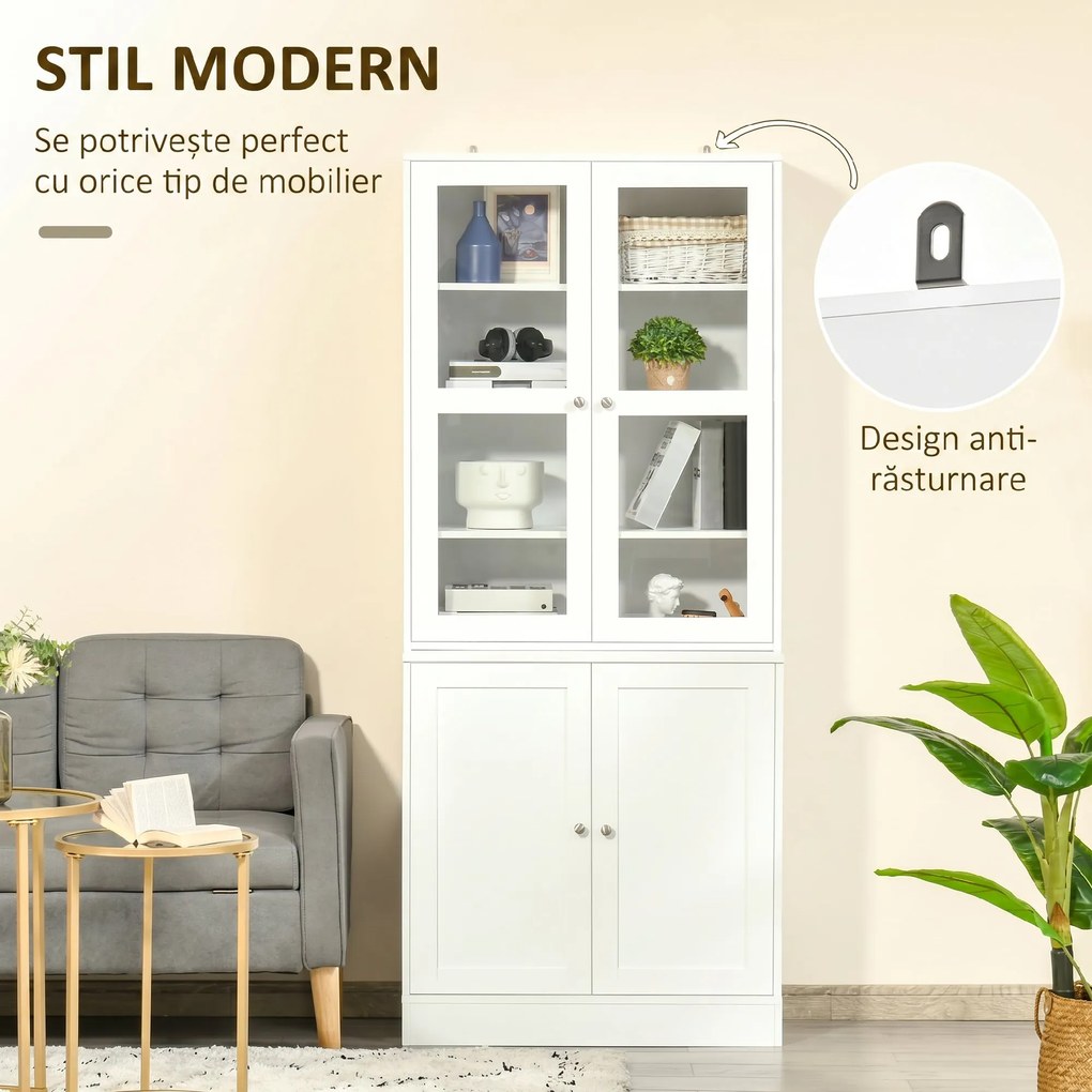 HOMCOM Mobilier de Bibliotecă cu 2 Dulapuri, Rafturi și Uși din Sticlă Alb | Aosom Romania
