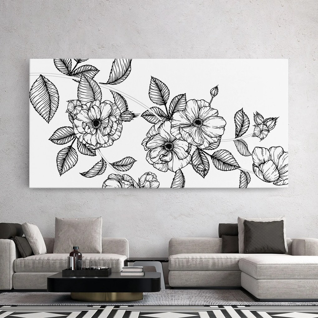 Tablou Canvas, 40x80cm, Dormitor si Living, Flori, Flori desenate, Roses Black Line