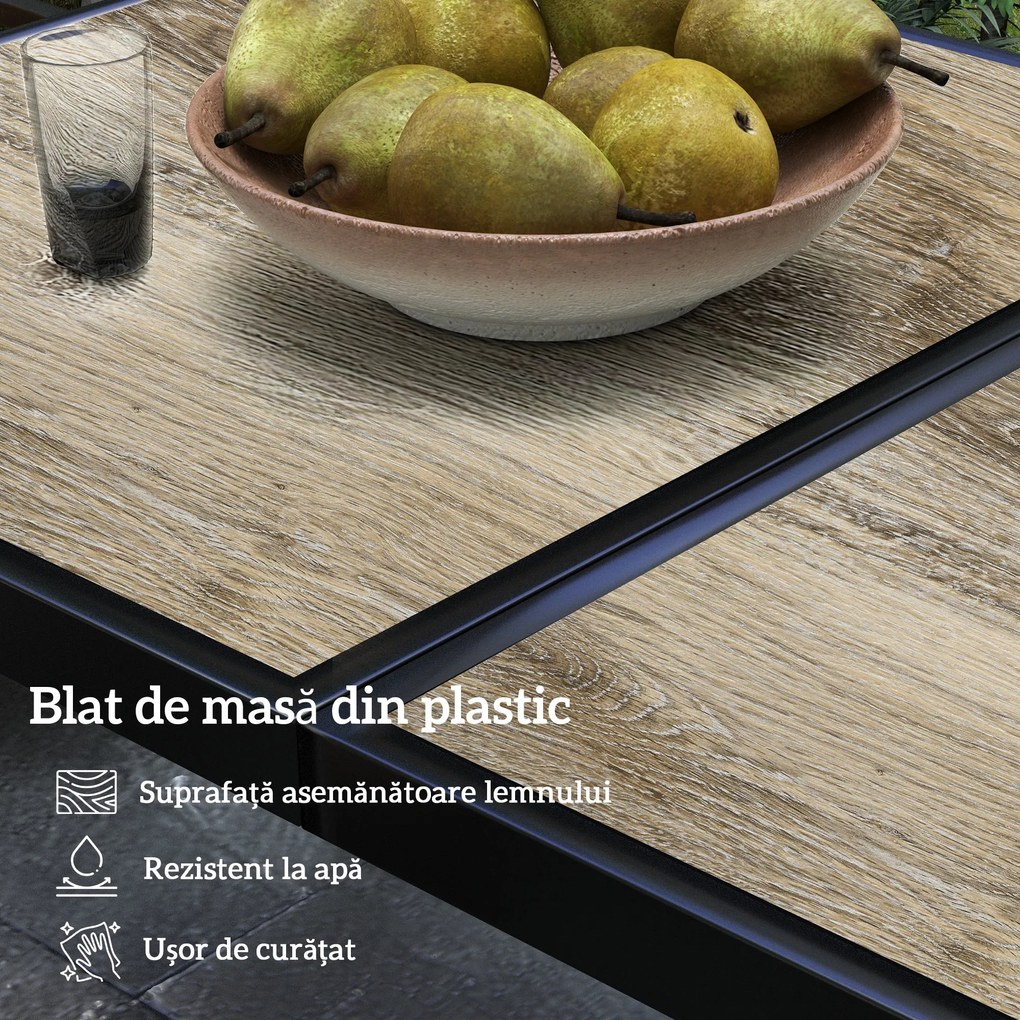 Outsunny Masă de Patio, Masă de Balcon, Masă de Dining pentru Exterior 145 x 85 cm pentru 6 Persoane cu Efect de Lemn, Cadrul din Oțel, Gri | Aosom Romania