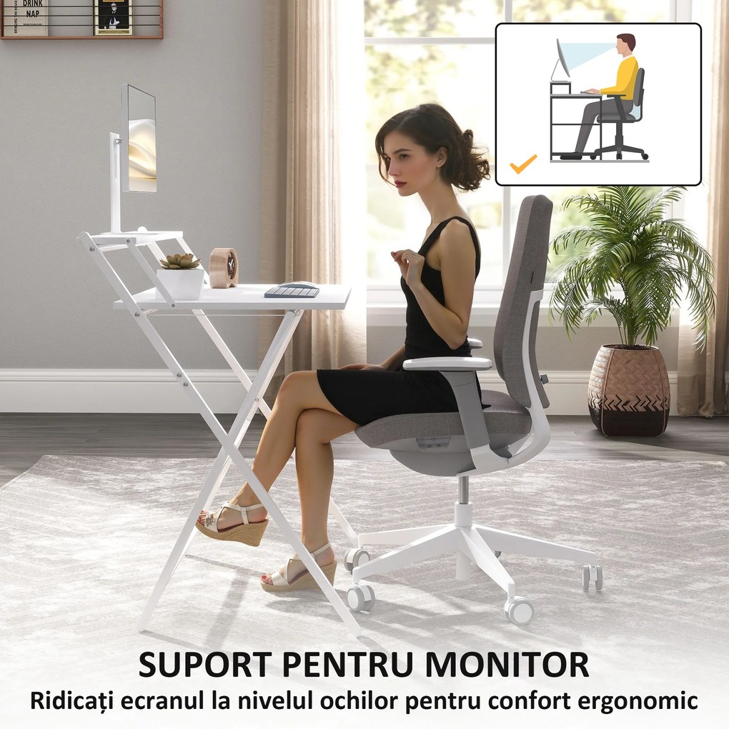 HOMCOM Birou Pliabil cu Poliță pentru Monitor, 81.5x62x86.5 cm Alb | Aosom Romania