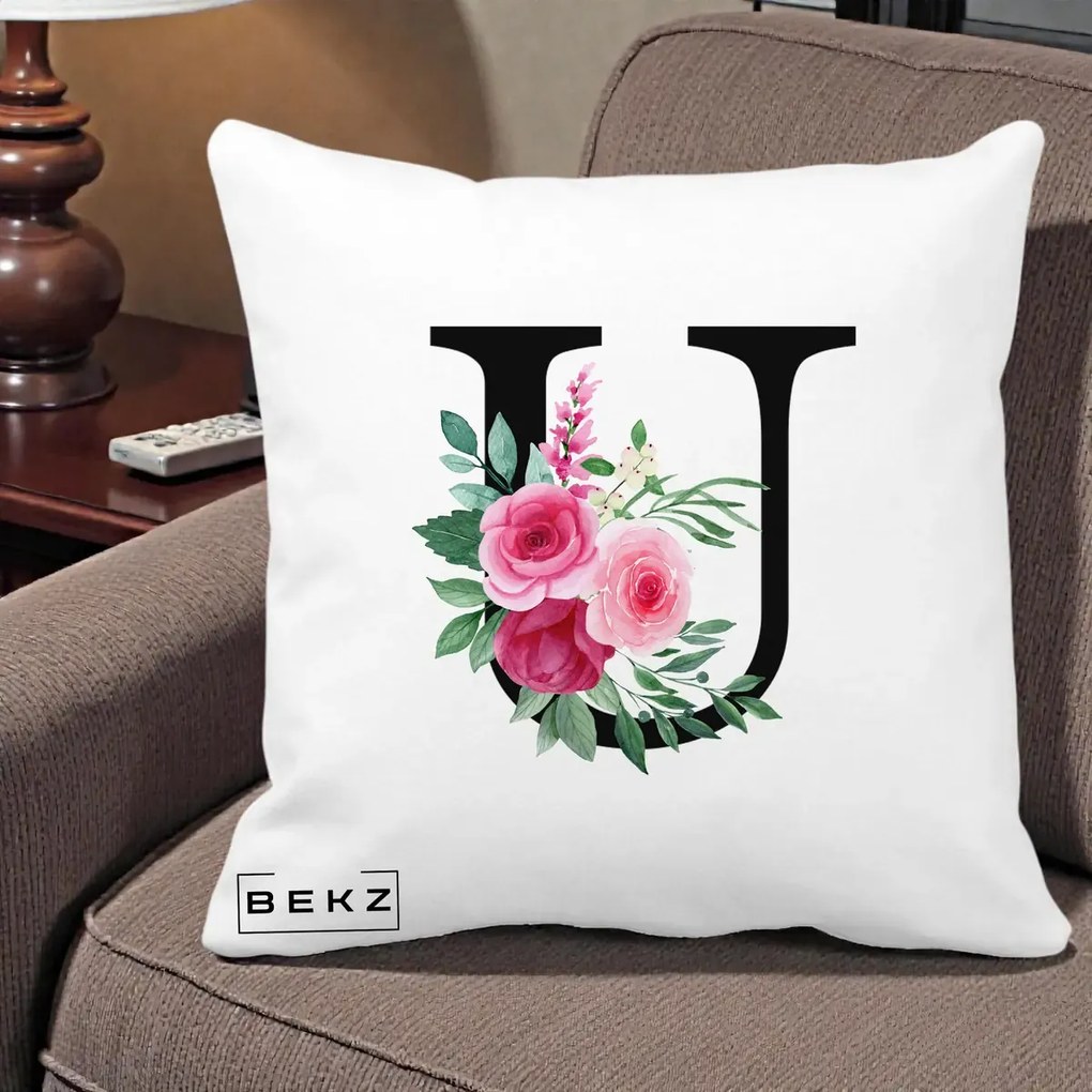 Cadou Personalizat - Perna Personalizata Monograma Florala Litera U, 40x40 cm, Alba Mata, Husa Detasabila, Perna Inclusa, BEKZ®