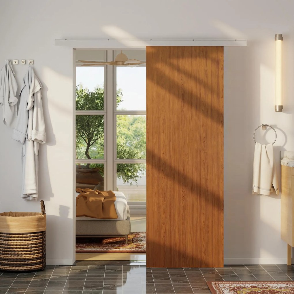 HOMCOM Ușă culisantă 75x210cm, Kit montaj, Șină, Efect lemn maro | Aosom Romania