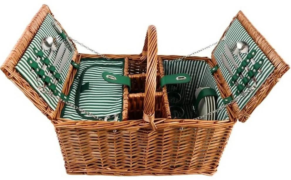 Arôme Coș de picnic pentru 4 persoane dungi verzi, 48 x 33 x 25 cm