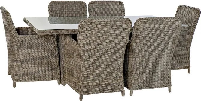 Set dining exterior din metal și sticlă, masă + 5 scaune, polirattan și stofă