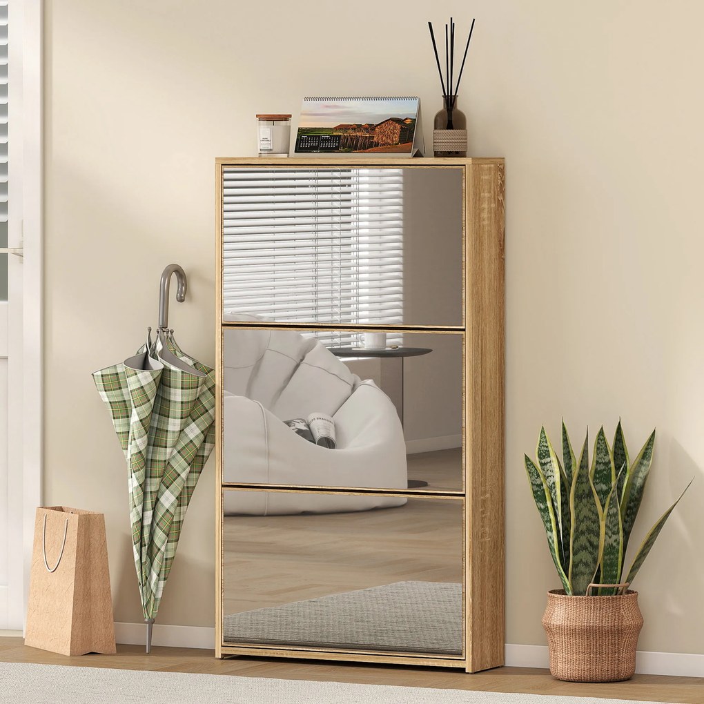 HOMCOM Dulap pentru Pantofi a Oglindă Con 3 Sertare a Rabatabil 65x17x114.5 cm Color Lemn | Aosom Romania