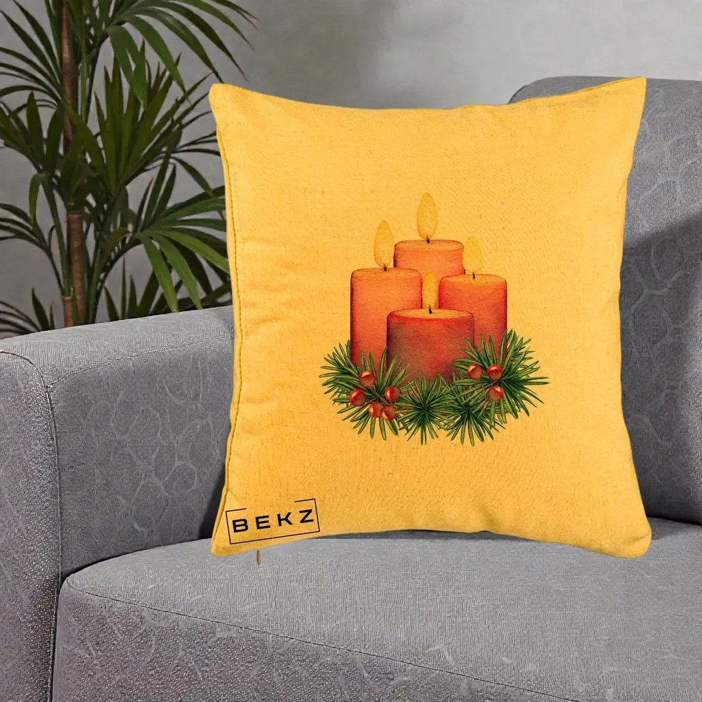 Perna Decorativa Lumanari Advent Roz-Violet, 40x40 cm, Galben, Husa Detasabila, Perna Inclusa, BEKZ®