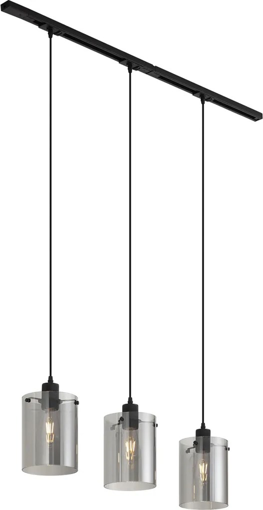 Modern railsysteem zwart met 3 hanglampen van smoke glas 1-fase - Iconic Dome