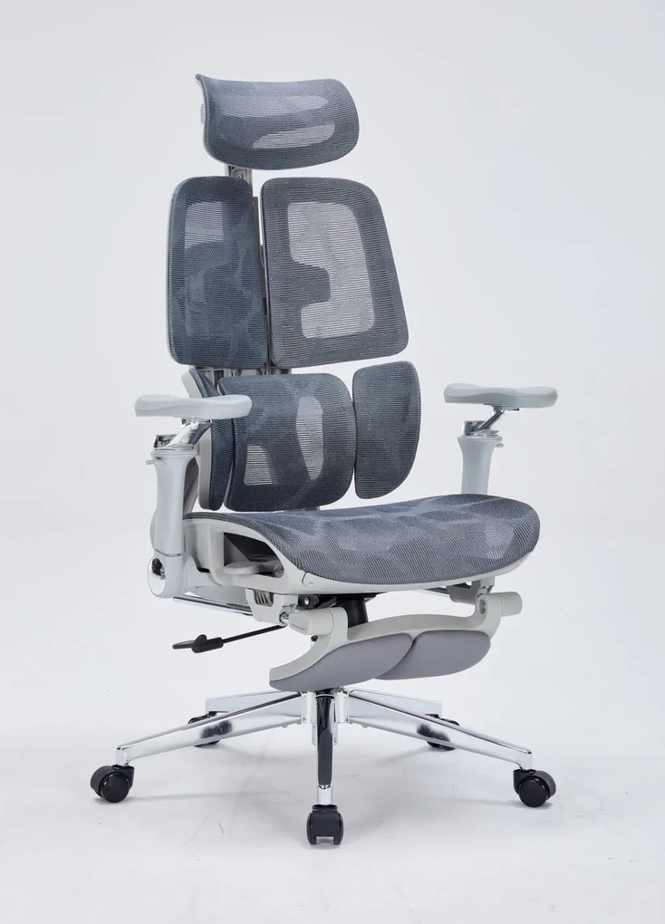 DeluxStar T10 Premium – Scaun ergonomic, cotiere 6D ultra moi, Suport Lombar 3 Zone Dinamice, Spătar ajustabil pe inaltime, Sezut Translatie, Tetiera 4D, mecanism multifunctional inclinare/blocare, pivotant, Mesh, Gri