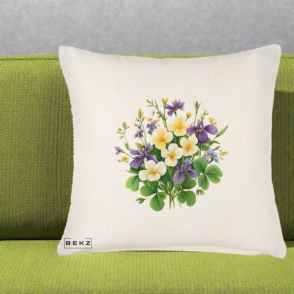 Perna Decorativa Viorele Iris Violet si Trifoi, 40x40 cm, Crem Reliefat, Husa Detasabila, Perna Inclusa, BEKZ®