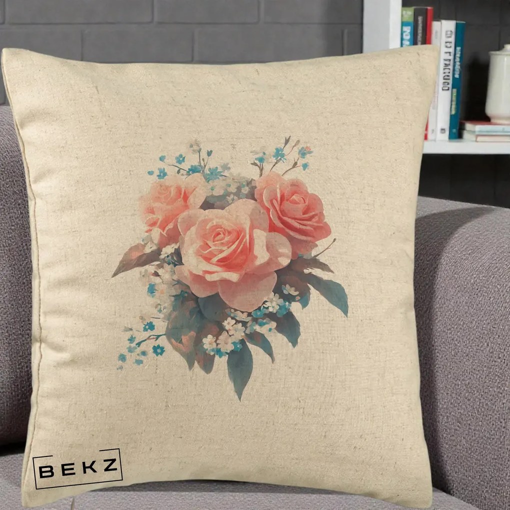 Perna Decorativa Trandafiri Roz cu Floricele Albastre, 40x40 cm, Bej, Husa Detasabila, Perna Inclusa, BEKZ®