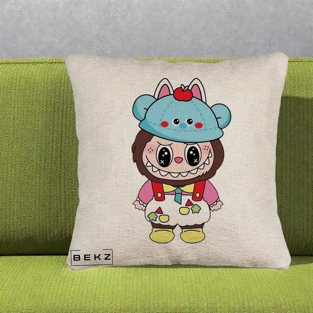 Perna Personalizata Labubu x Urs Albastru Colorat, 40x40 cm, Bej Canapea, Husa Detasabila, Perna Inclusa, BEKZ®