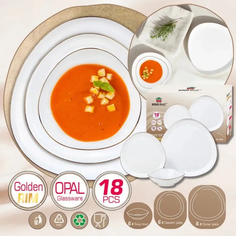 Set de masa Kinghoff KH 2036, 18 piese, 6 persoane, Sticla opal, Margine aurie, Alb