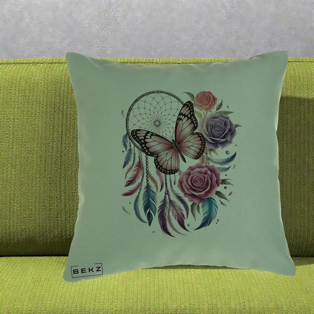 Perna Personalizata Prinzator de Vise cu Fluture si Trandafiri, 40x40 cm, Verde, Husa Detasabila, Perna Inclusa, BEKZ®