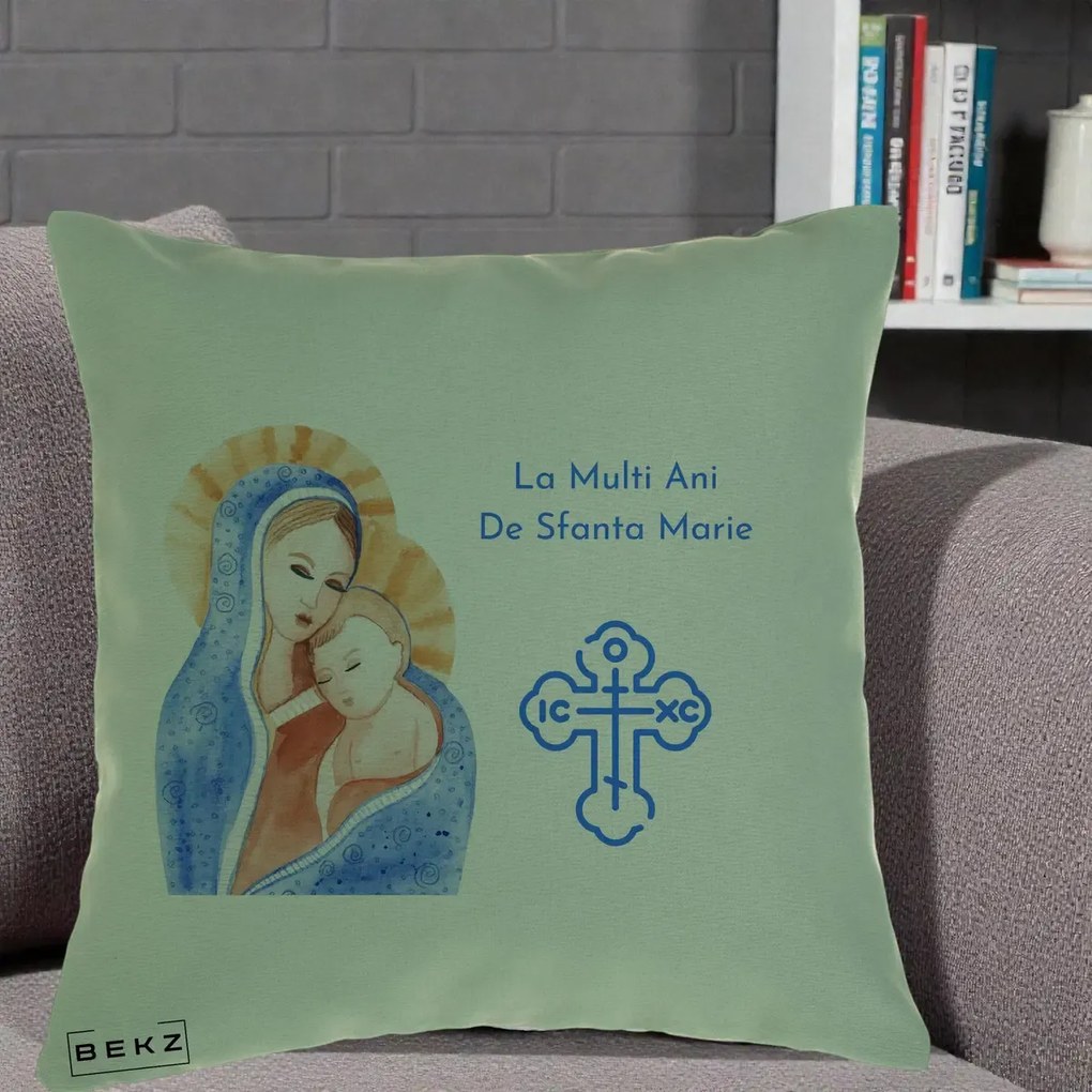 Cadou de Onomastica - Perna Personalizata Sfanta Marie Icoana Acuarela, 40x40 cm, Verde, Husa Detasabila, Perna Inclusa, BEKZ®