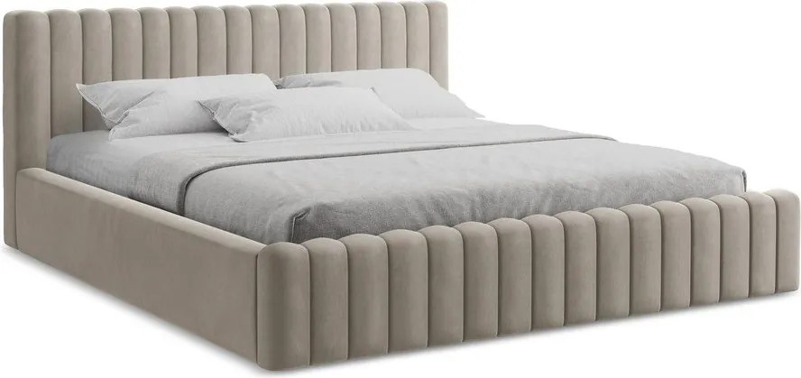 Pat matrimonial taupe tapițat cu spațiu de depozitare cu somieră 160x200 cm Lemi – Makamii