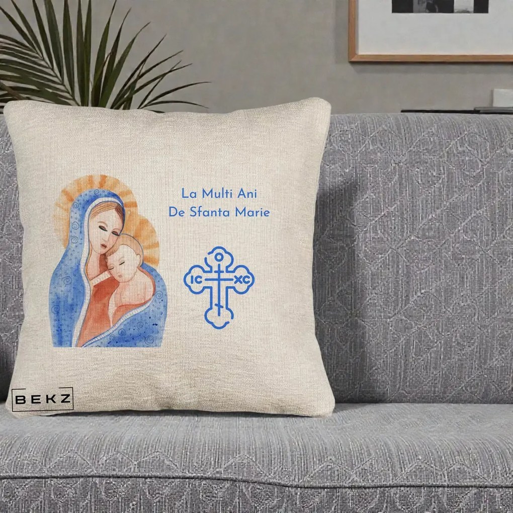 Cadou de Onomastica - Perna Personalizata Sfanta Marie Icoana Acuarela, 40x40 cm, Bej Canapea, Husa Detasabila, Perna Inclusa, BEKZ®