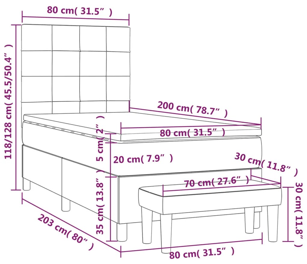 Pat box spring cu saltea, crem, 80x200 cm, textil Crem, 80 x 200 cm, Cu blocuri patrate