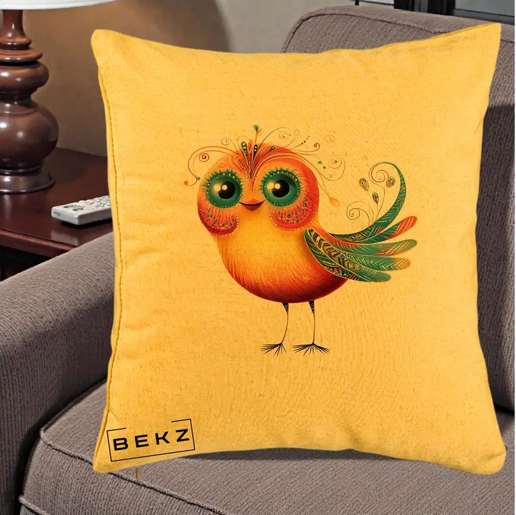 Perna Decorativa Pasare Vibranta cu Aripi Ornamentale, 40x40 cm, Galben, Husa Detasabila, Perna Inclusa, BEKZ®