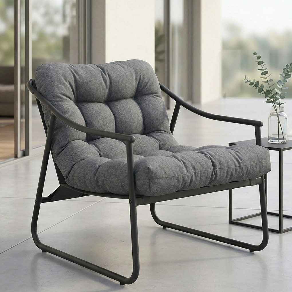 Outsunny Fotoliu de grădină scaun de grădină cu pernă detașabilă, fotoliu lounge cu cotiere, suport până la 120 kg, gri închis | Aosom Romania