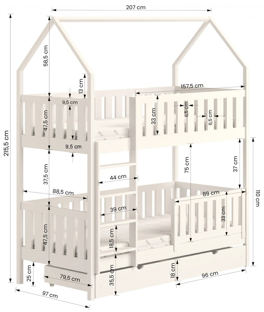 Pat Nemos pentru copii supraetajat tip căsuță – Culoare Negru, 90x200