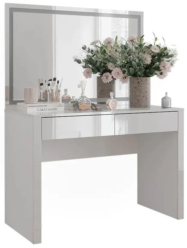 SEA813 - Set Masa toaleta, 110 cm, moderna cosmetica machiaj oglinda cu LED, masuta vanity cu sau fără Scaun - Alb Lucios