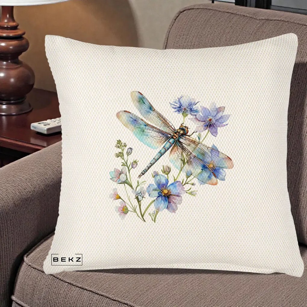 Perna Decorativa Libelula Acuarela Flori Albastre, 40x40 cm, Crem Reliefat, Husa Detasabila, Perna Inclusa, BEKZ®