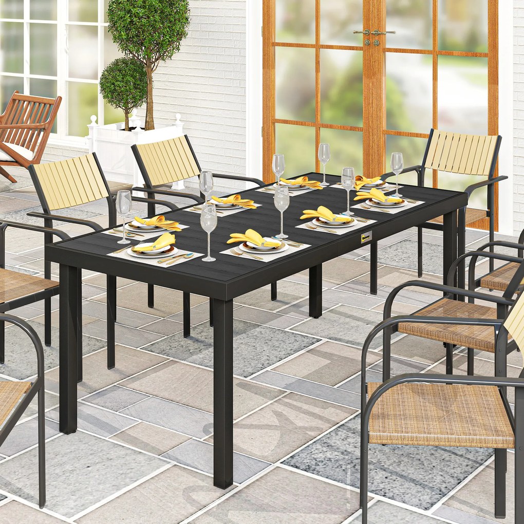 Outsunny Masă de Grădină cu Blat Textură Lemn 190x90 cm pentru 8 Persoane, Masă de Dining de Exterior Dreptunghiulară din Aluminiu și Plastic, pentru Terasă, Balcon, Negru | Aosom Romania