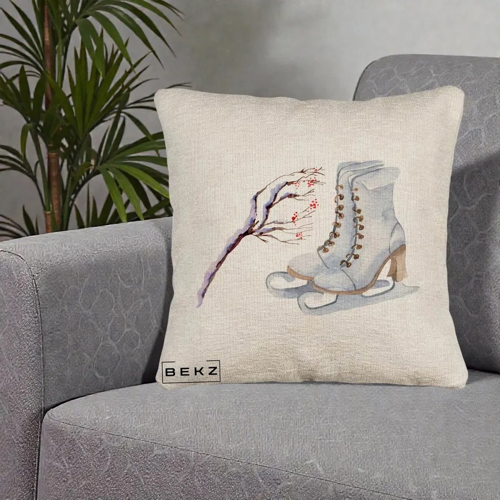 Perna Decorativa Patine cu Ramuri Inzapezite, 40x40 cm, Bej Canapea, Husa Detasabila, Perna Inclusa, BEKZ®