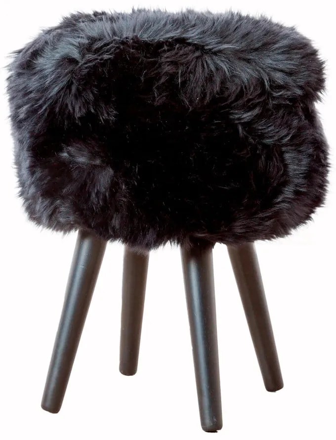 Taburet cu tapițerie din blană de oaie Native Natural, ⌀ 30 cm, negru