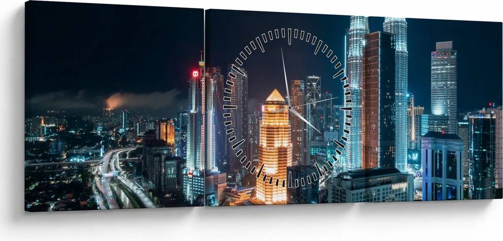 Tablou - Noaptea în Kuala Lumpur (cu ceas) (90x30 cm)