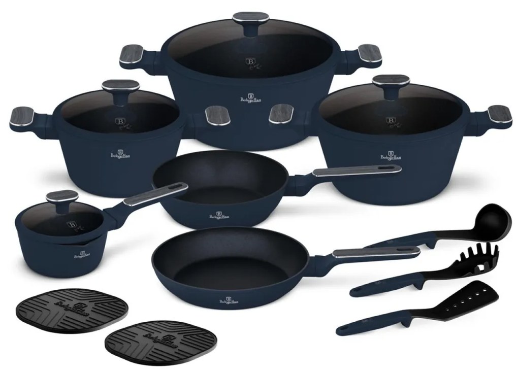 Set oale si tigai cu capace si ustensile 15 piese Deep Sea Berlinger Haus BH 8382, albastru mat, antiaderente, compatibile inductie