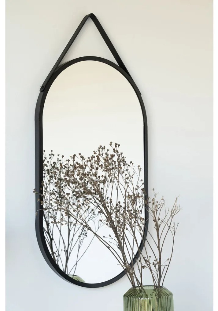 Oglindă Trapani oțel/piele artificială, neagră, 35x60