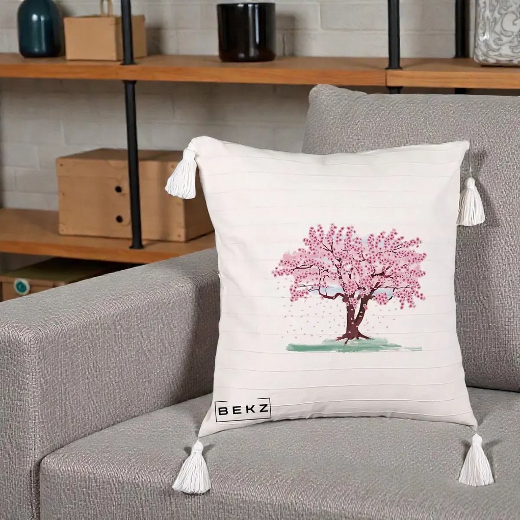 Perna Decorativa Cires Inflorit Acuarela, 40x40 cm, Bej cu Franjuri, Husa Detasabila, Perna Inclusa, BEKZ®