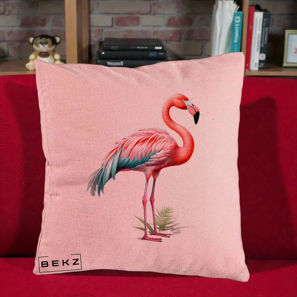 Perna Decorativa Flamingo Roz cu Pene Teal, 40x40 cm, Roz, Husa Detasabila, Perna Inclusa, BEKZ®