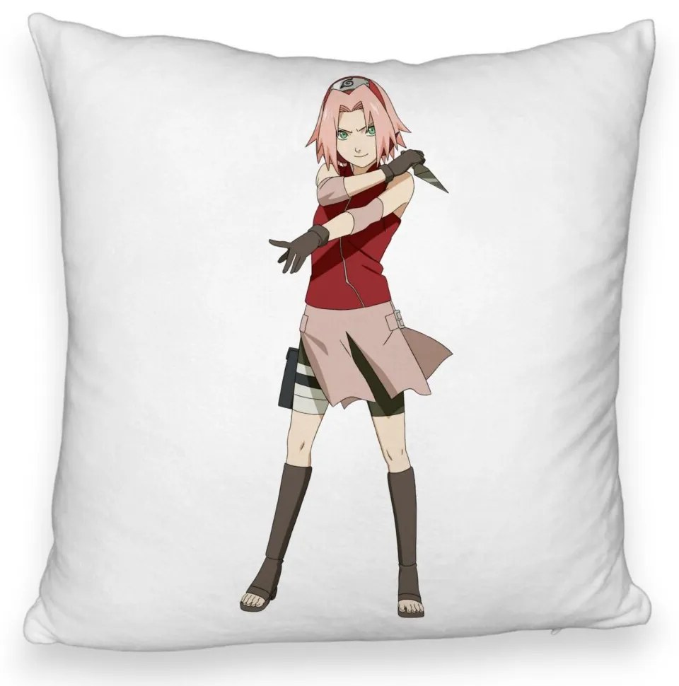 Perna Decorativa Fluffy cu Naruto Sakura, 40x40 cm, Alba, Husa Detasabila, Burduf